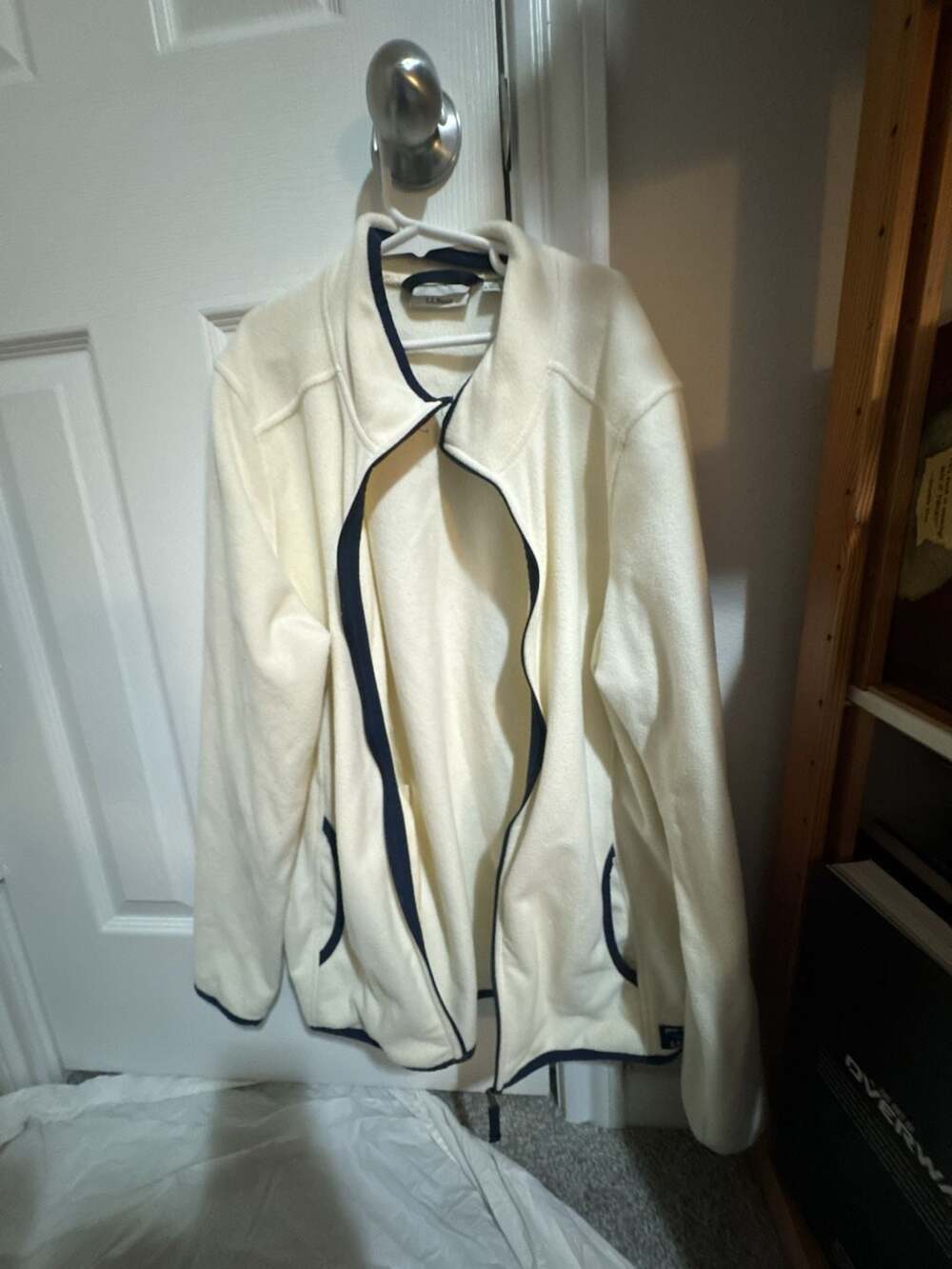 L.L. Bean Women's Cream Fleece Full Zip Jacket with Navy Trim